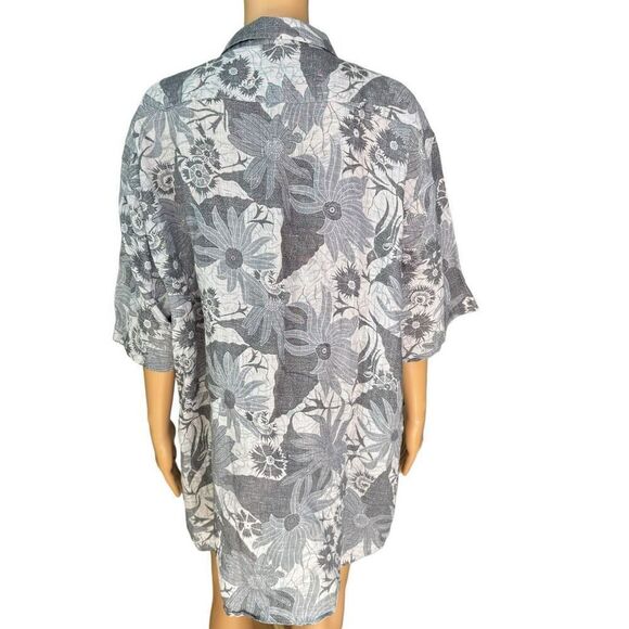 BLUE SAKS FIFTH AVENUE GRAY FLORAL PRINT 100% LINEN HAWAIIAN SLIM FIT SHIRT XXL - Picture 3 of 7